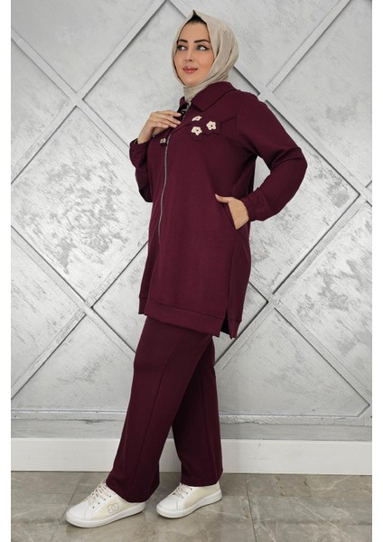 Kadın Fermuarlı Çiçek Detaylı Tesettür Takım