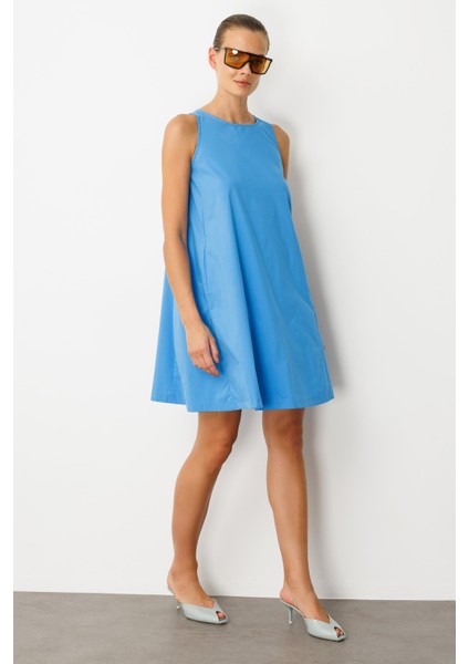 Pamuklu Rahat Kalıp Elbise-Mavi fiyatları