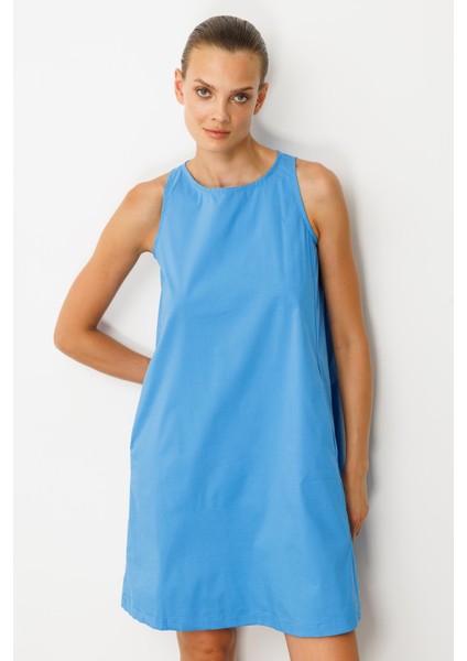 Pamuklu Rahat Kalıp Elbise-Mavi modelleri