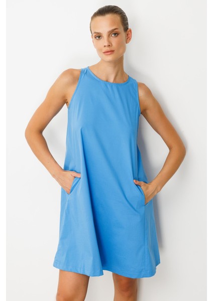 Pamuklu Rahat Kalıp Elbise-Mavi fırsatları