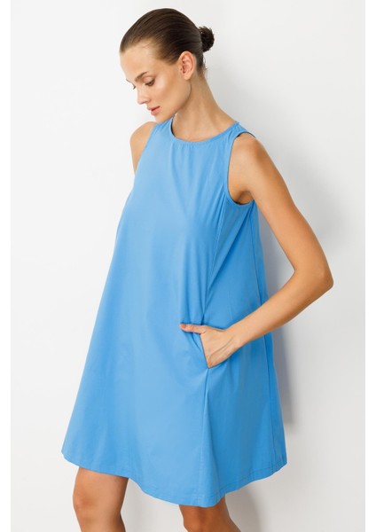 Pamuklu Rahat Kalıp Elbise-Mavi indirimleri