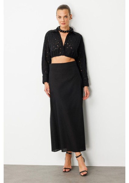 Pamuklu Keten Uzun Etek-Siyah