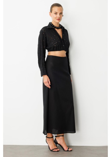 Pamuklu Keten Uzun Etek-Siyah indirimleri