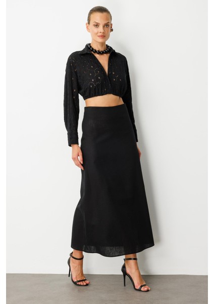 Pamuklu Keten Uzun Etek-Siyah