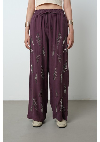 Kadın Önü Taş Işlemeli Düz Renk Beli Lastikli Bol Paça Pantolon