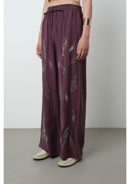 Kadın Önü Taş Işlemeli Düz Renk Beli Lastikli Bol Paça Pantolon fiyatları