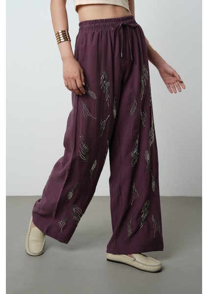 Kadın Önü Taş Işlemeli Düz Renk Beli Lastikli Bol Paça Pantolon modelleri