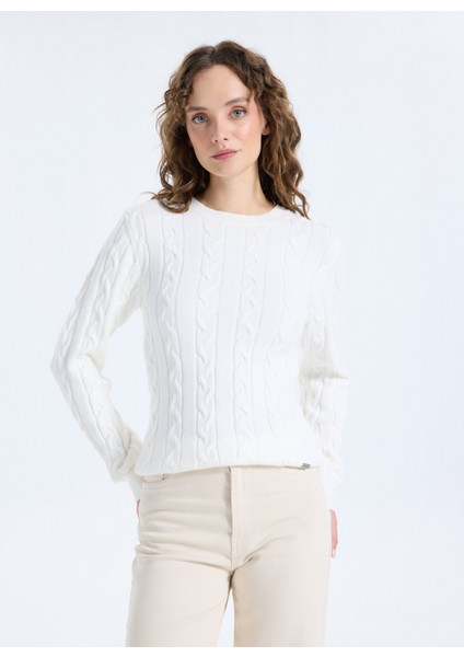 Bisiklet Yaka Basic Saç Örgü Desenli Ekru Kazak Kadın J5WL-KZK7128