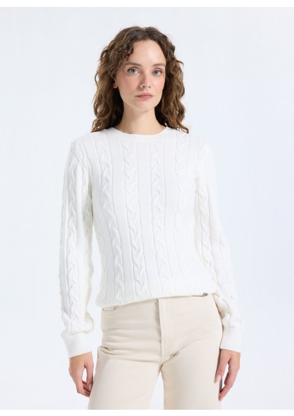 Bisiklet Yaka Basic Saç Örgü Desenli Ekru Kazak Kadın J5WL-KZK7128 fiyatları
