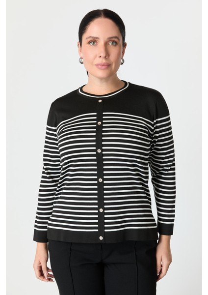 Büyük Beden Çizgili Triko Kazak-Siyah