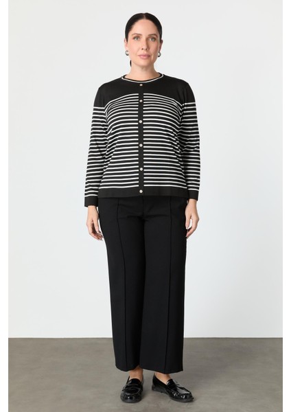 Büyük Beden Çizgili Triko Kazak-Siyah fiyatları