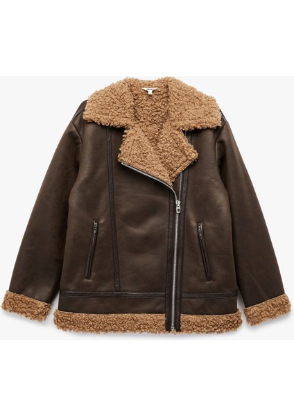 Uzun Kollu Fermuarlı Cepli Peluş Yaka Deri Görünümlü Biker Ceket modelleri