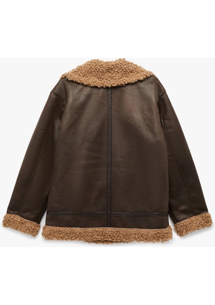 Uzun Kollu Fermuarlı Cepli Peluş Yaka Deri Görünümlü Biker Ceket fırsatları