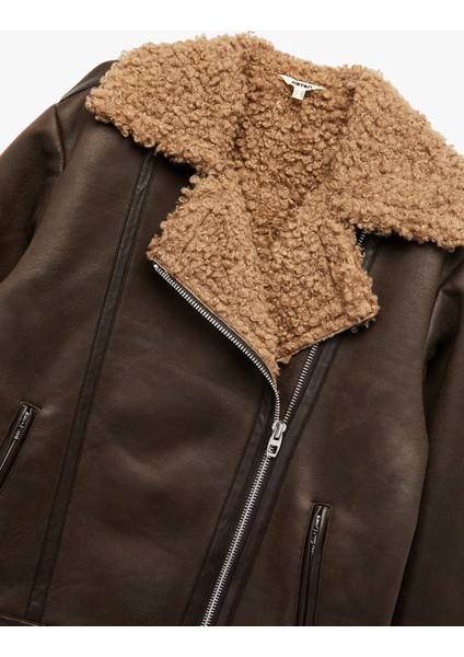 Uzun Kollu Fermuarlı Cepli Peluş Yaka Deri Görünümlü Biker Ceket indirimleri