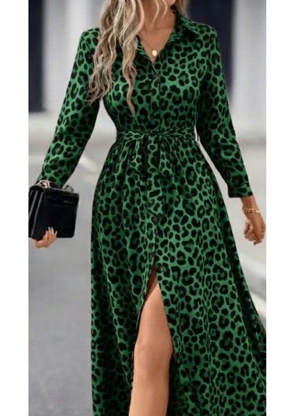 Kadın Uzun Kollu Yakalı Belden Kuşaklı Leopar Desenli Modal Uzun Elbise fiyatları