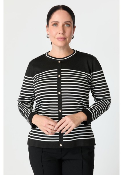 Büyük Beden Çizgili Triko Kazak-Siyah fırsatları