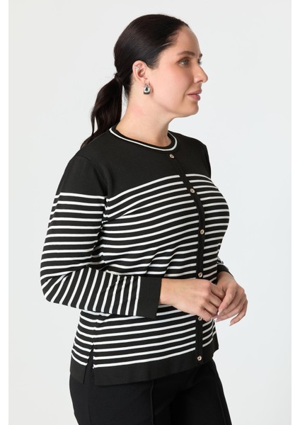 Büyük Beden Çizgili Triko Kazak-Siyah