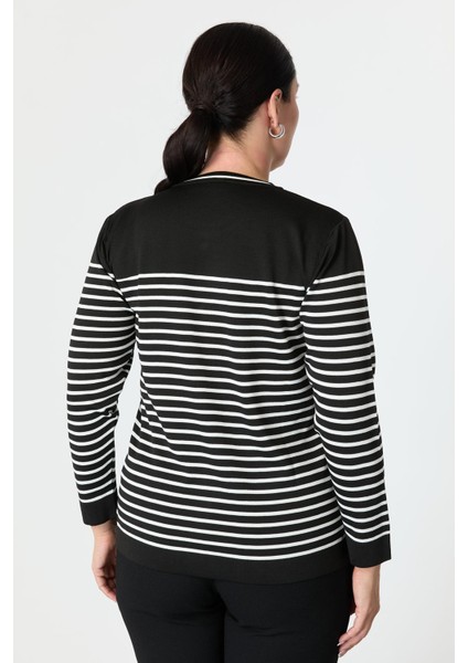 Büyük Beden Çizgili Triko Kazak-Siyah