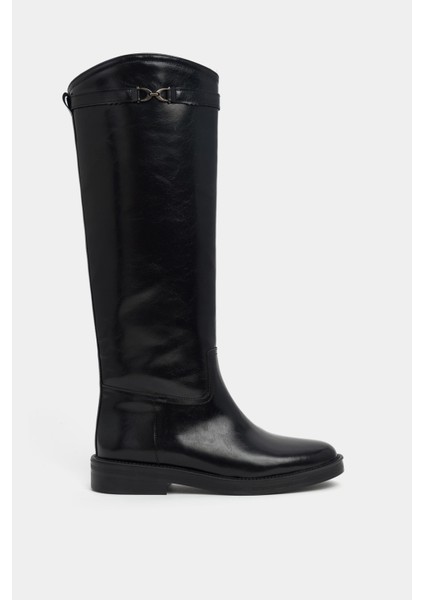 Lizbon Siyah Rustik Desen Yuvarlak Burun Düz Taban Kadın Çizme