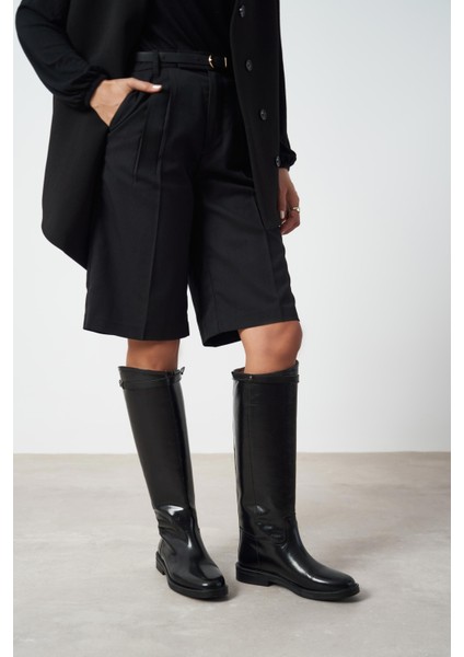 Lizbon Siyah Rustik Desen Yuvarlak Burun Düz Taban Kadın Çizme fiyatları