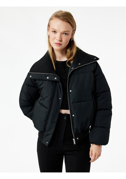 Fermuarlı Cep Detaylı Uzun Kollu Geniş Yaka Anorak Şişme Mont