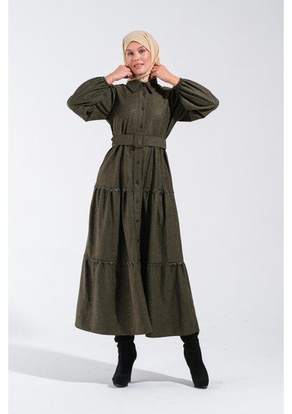 2253_KADIN Nubuk Yakma Desenli Fisto Detaylı Gömlek Yakalı Uzun Kloş Elbise