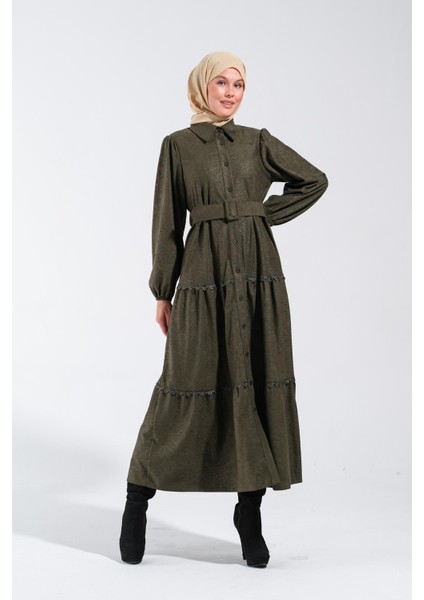 2253_KADIN Nubuk Yakma Desenli Fisto Detaylı Gömlek Yakalı Uzun Kloş Elbise modelleri