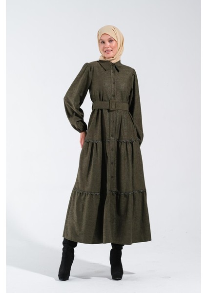 2253_KADIN Nubuk Yakma Desenli Fisto Detaylı Gömlek Yakalı Uzun Kloş Elbise fırsatları