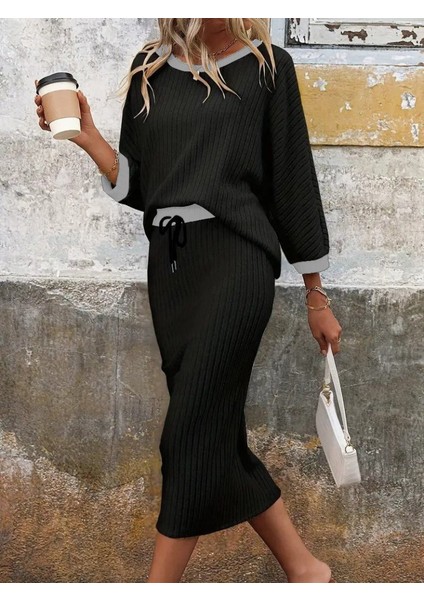 Miracotton Kadın Uzun Kollu Yakası Açık Şardonlu Kaşkorse Bluz ve Eteği Bağcıklı Ikili Takım fırsatları