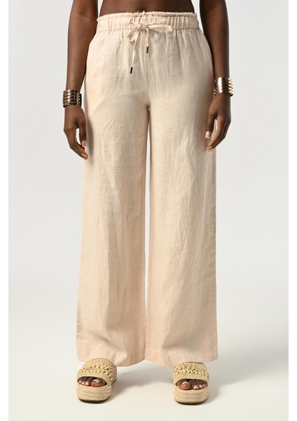 Kadın Beli Lastikli Bol Paça %100 Keten Beli Detaylı Pantolon