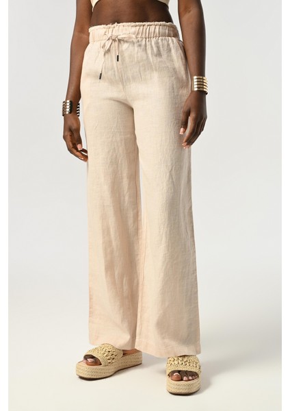 Kadın Beli Lastikli Bol Paça %100 Keten Beli Detaylı Pantolon fiyatları