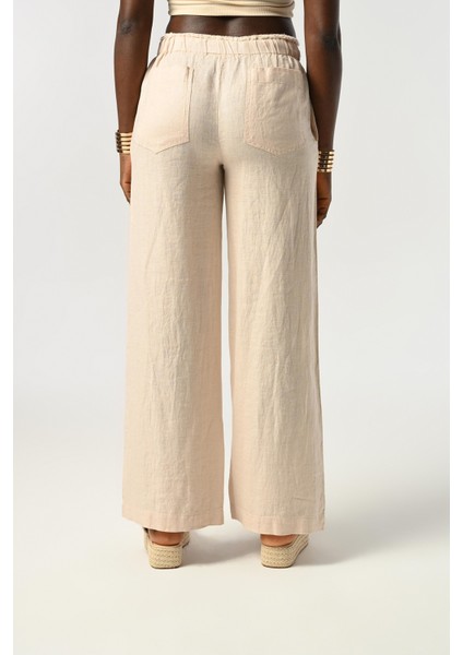 Kadın Beli Lastikli Bol Paça %100 Keten Beli Detaylı Pantolon indirimleri