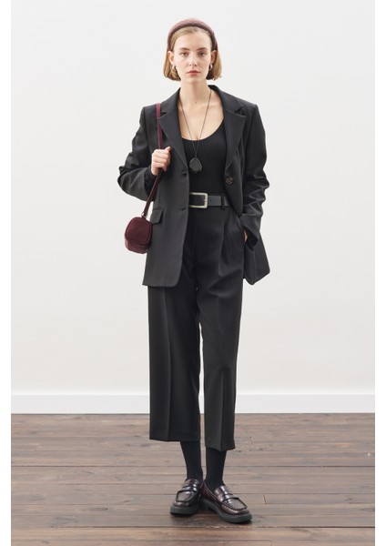 Kuşaklı Tek Düğmeli Blazer Ceket Siyah