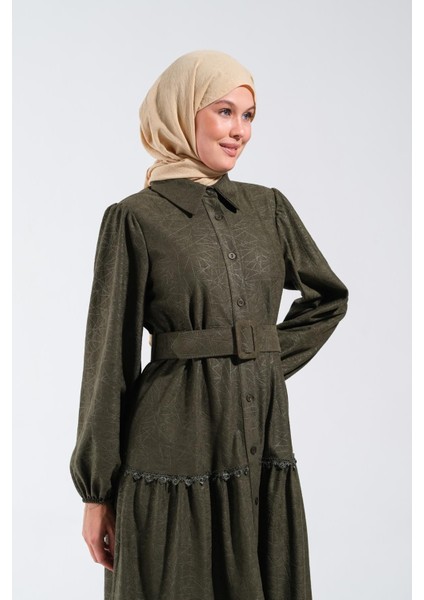 2253_KADIN Nubuk Yakma Desenli Fisto Detaylı Gömlek Yakalı Uzun Kloş Elbise indirimleri