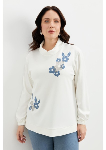 Büyük Beden Degaje Yaka Sweatshirt-Ekru