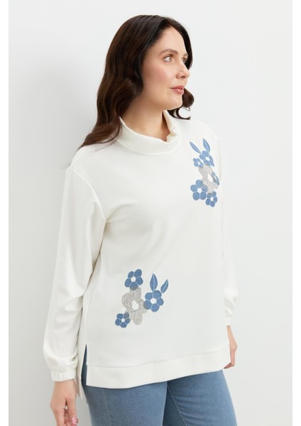 Büyük Beden Degaje Yaka Sweatshirt-Ekru fiyatları