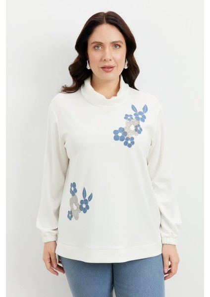 Büyük Beden Degaje Yaka Sweatshirt-Ekru modelleri
