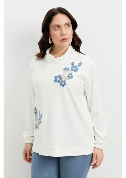 Büyük Beden Degaje Yaka Sweatshirt-Ekru fırsatları