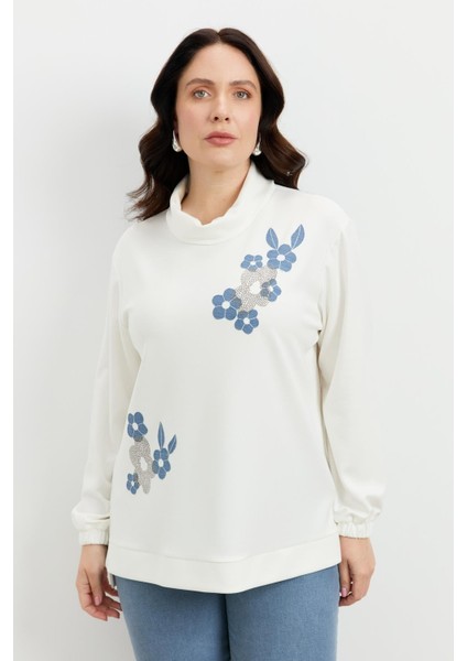 Büyük Beden Degaje Yaka Sweatshirt-Ekru indirimleri