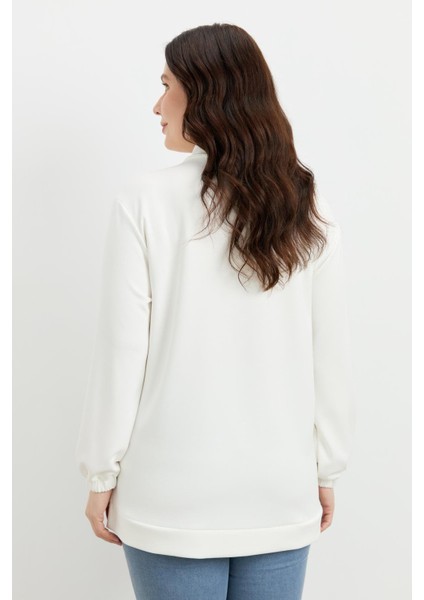 Büyük Beden Degaje Yaka Sweatshirt-Ekru