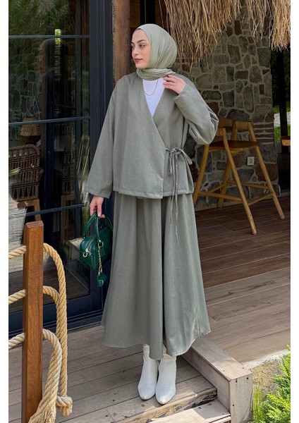 Bağlama Detaylı Etekli Takım Haki