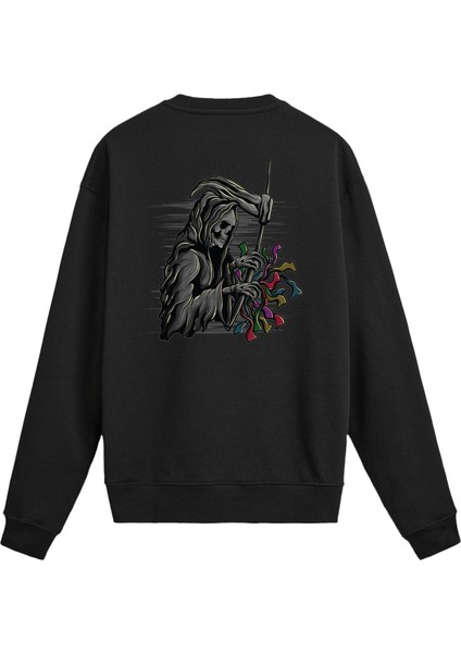 Sırt Baskılı Death Metal Çiçekli Iskelet Sweatshirt