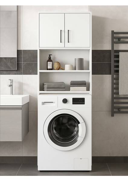 Lumy 4 Raflı Kapaklı Çok Amaçlı Çamaşır Makinesi Dolabı Beyaz