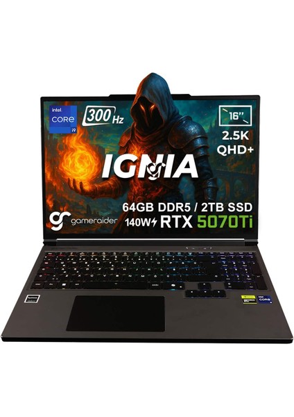 IGNIA GR16 Intel Core i9-14900HX 64GB DDR5 2TB SSD RTX 5070Ti 12GB 140W 16 inç 2.5K QHD+ 300Hz FreeDos Gaming Laptop