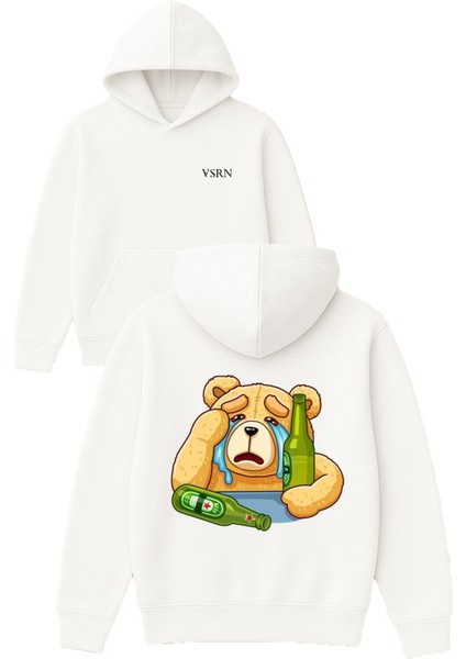 Bear Cry Tasarım Baskılı Oversize Beyaz Kapüşonlu Sweatshirt
