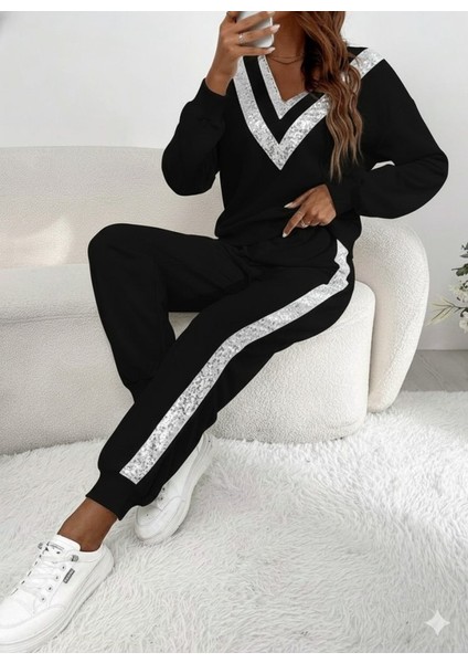 Kadın Uzun Kollu V Yakalı Pulpayetli Viskon Iki Iplik Bluz ve Pantolon