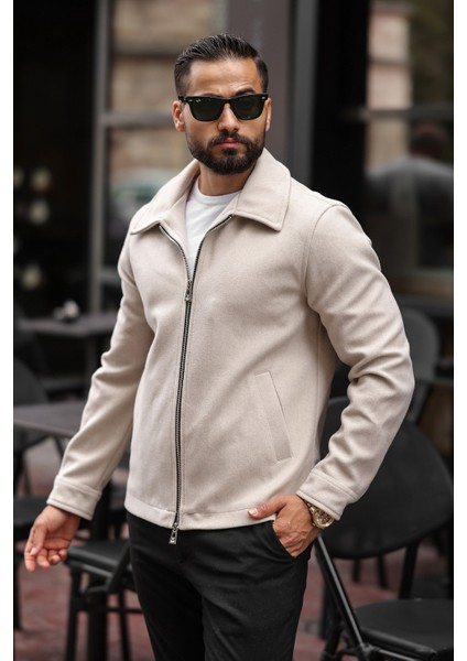 Erkek Çift Fermuar Detaylı Kaşe Ceket