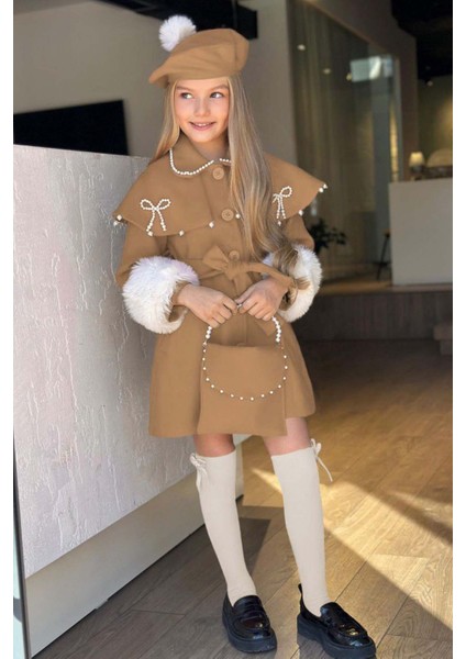 Kız Çocuk Boydan Yakası Inci Taş Işlemeli Şal Detaylı Kemerli Bej Kaşe