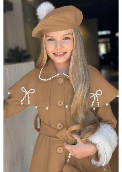 Kız Çocuk Boydan Yakası Inci Taş Işlemeli Şal Detaylı Kemerli Bej Kaşe fiyatları