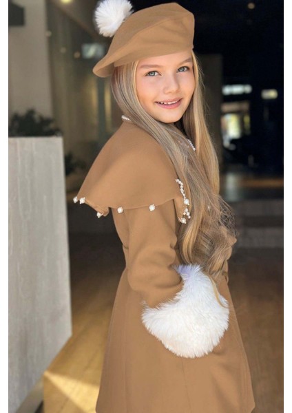 Kız Çocuk Boydan Yakası Inci Taş Işlemeli Şal Detaylı Kemerli Bej Kaşe modelleri